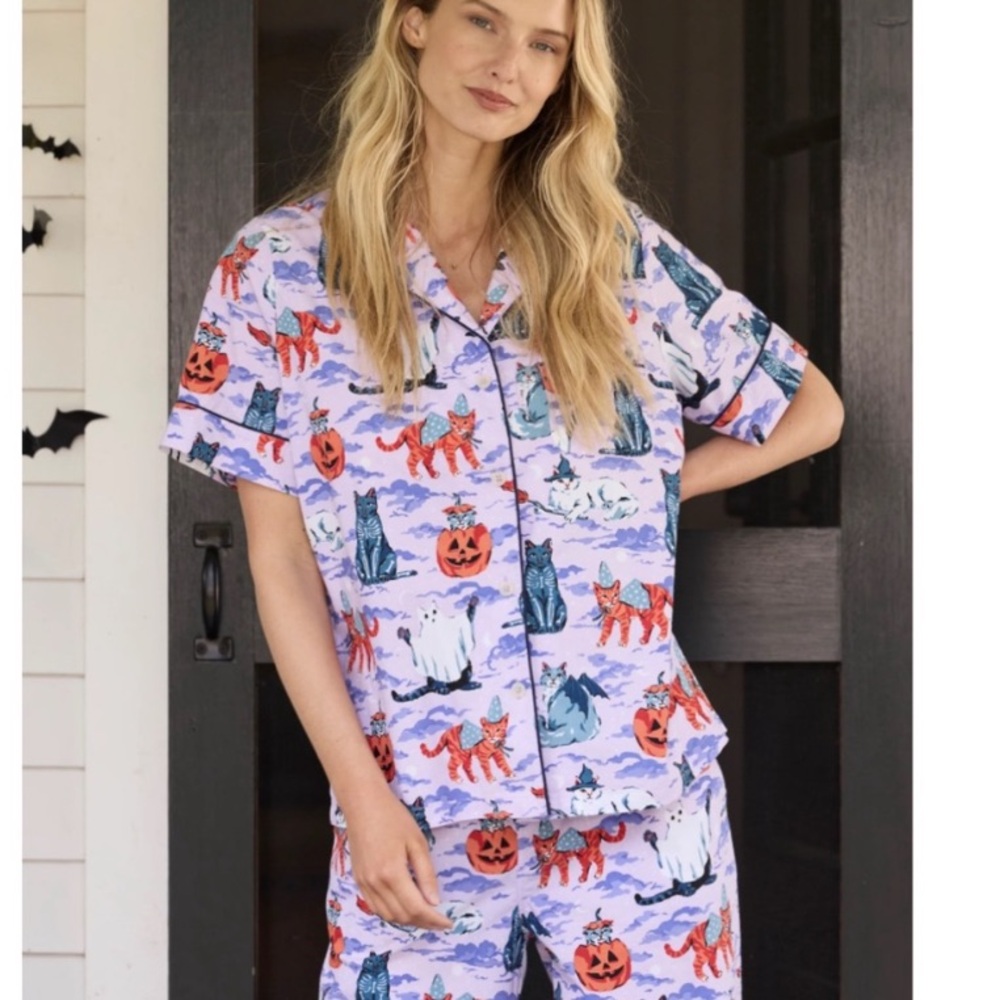 Printfresh Halloween House Cats Cropped Pajama Set 2X